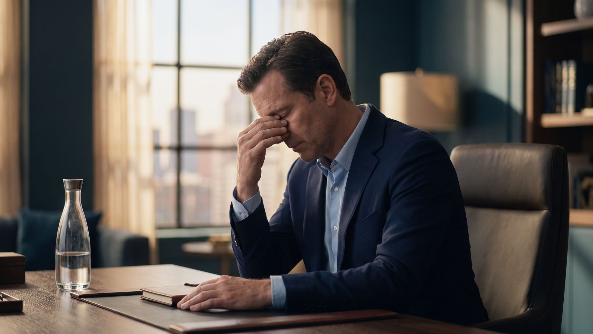 Profissional fazendo uma pausa consciente no trabalho, com sensação de alívio