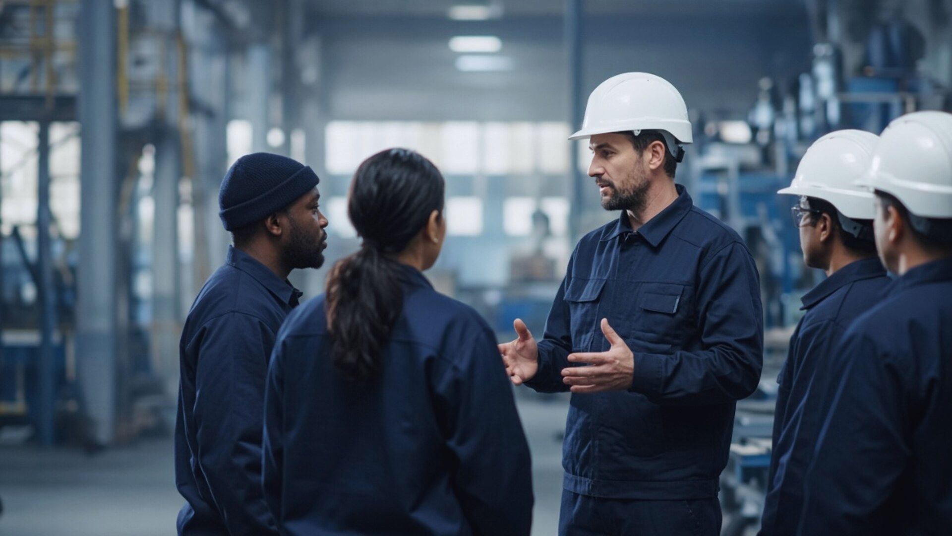 Líder de segurança conduzindo um briefing de equipe no chão de fábrica