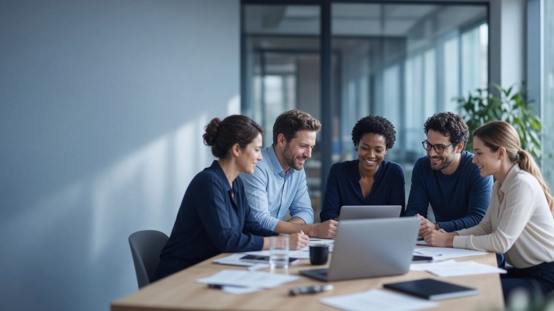 Equipe engajada e positiva colaborando em escritório moderno