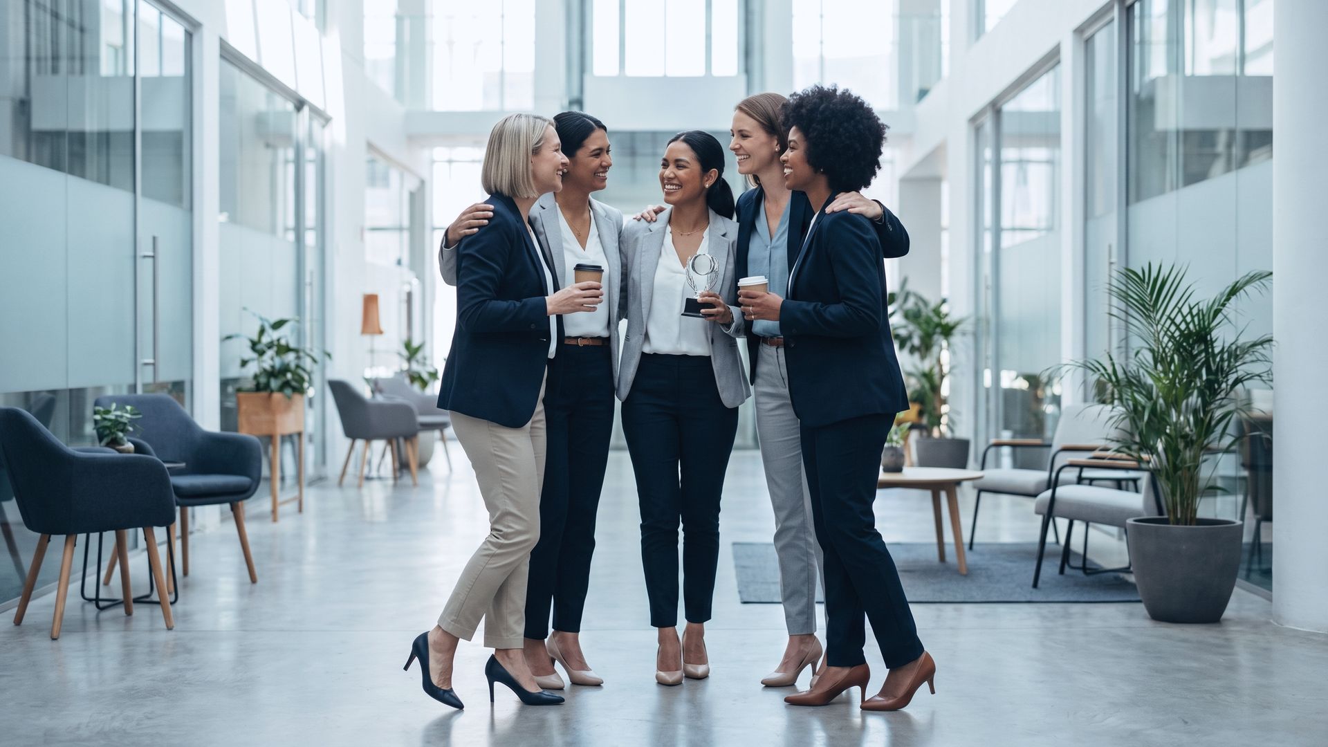 Mulheres profissionais juntas, representando empoderamento e celebração