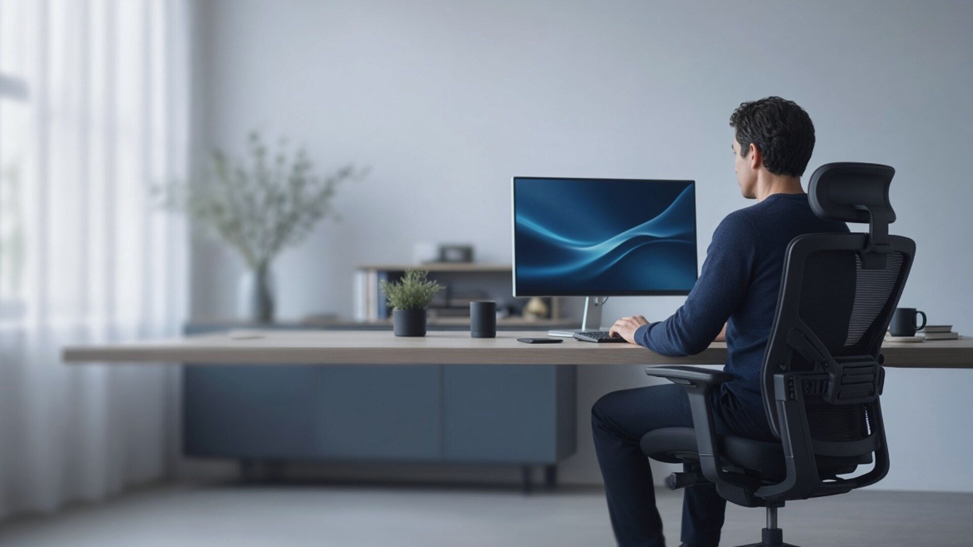 Estação de home office bem organizada, com montagem ergonômica e luz natural