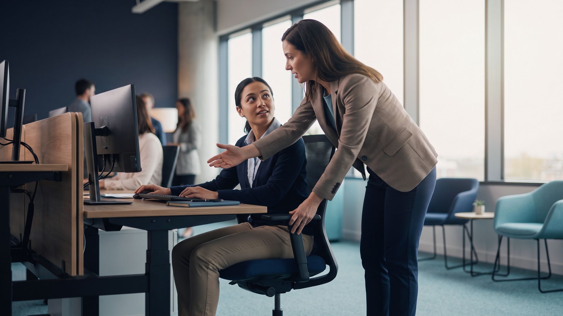 Especialista ajustando a postura de um trabalhador no posto de trabalho