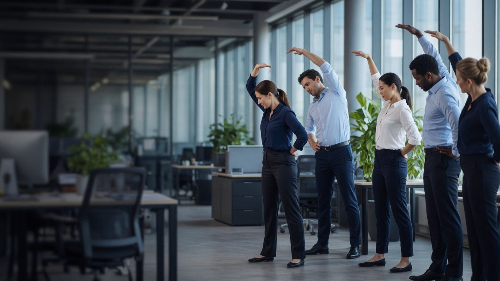 Colaboradores fazendo alongamento guiado no ambiente de trabalho