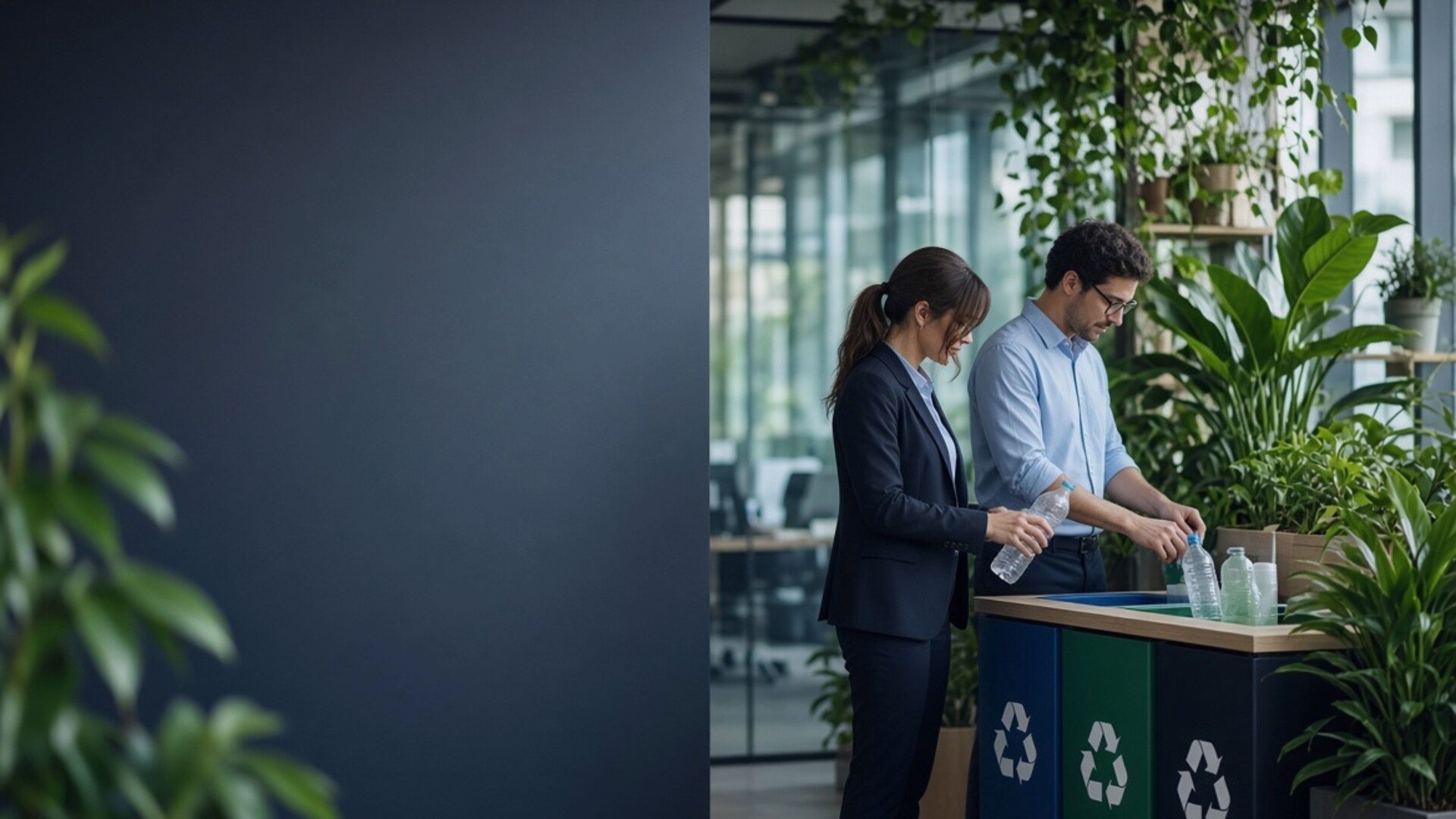 Profissionais engajados em sustentabilidade no trabalho, com áreas verdes
