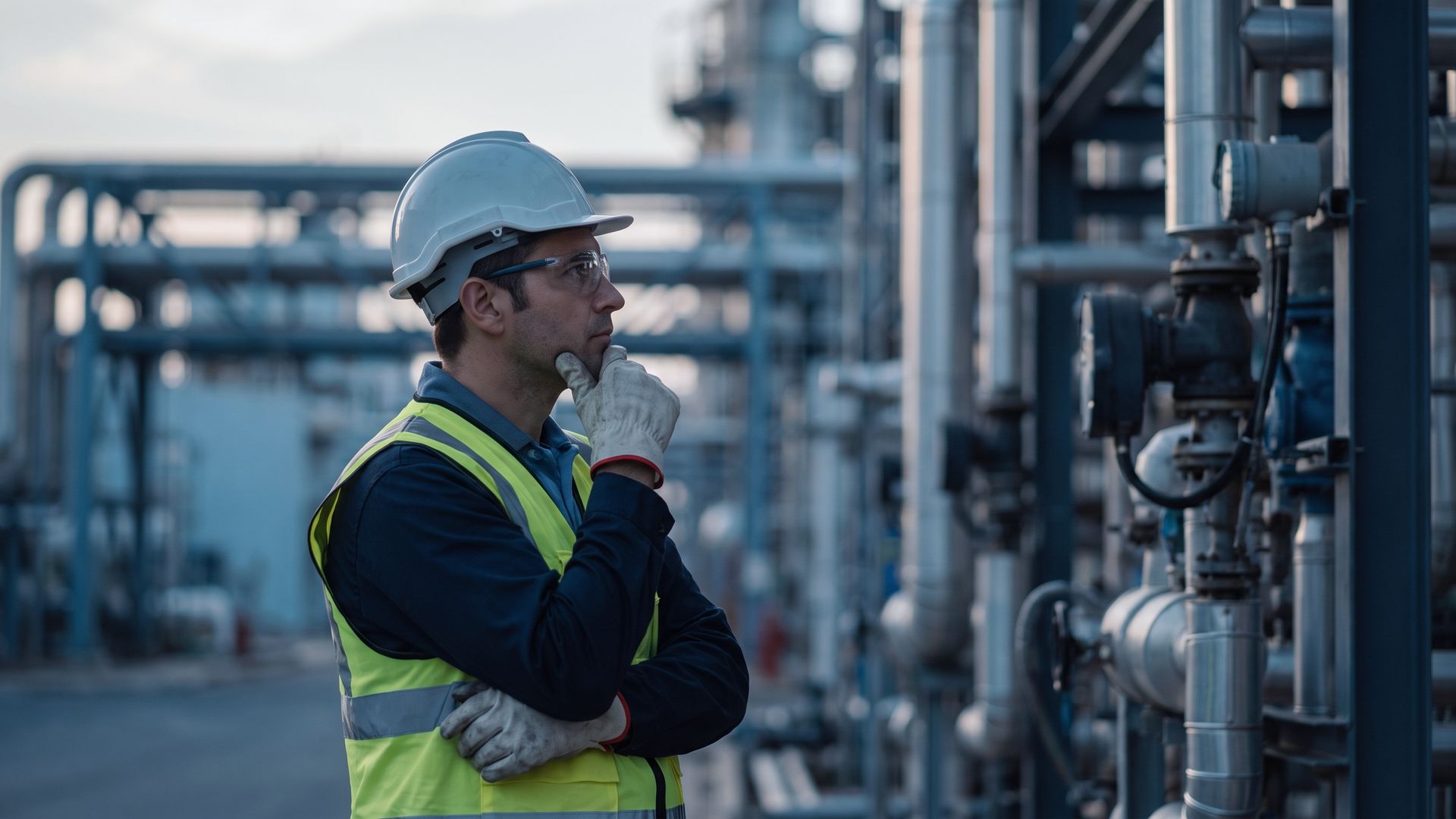 Trabalhador parando para pensar antes de agir em ambiente industrial