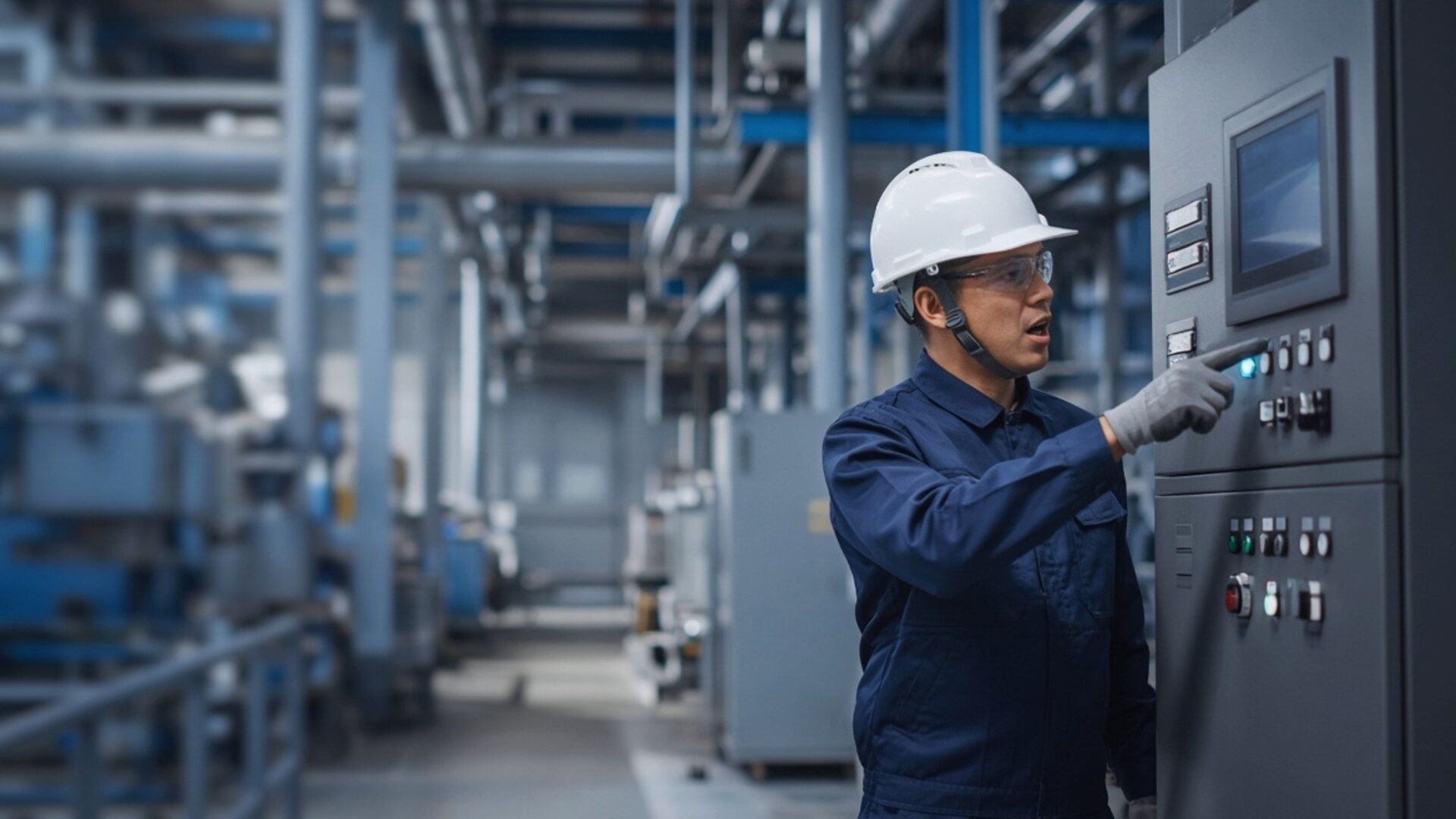 Operador apontando e confirmando um procedimento em painel de controle