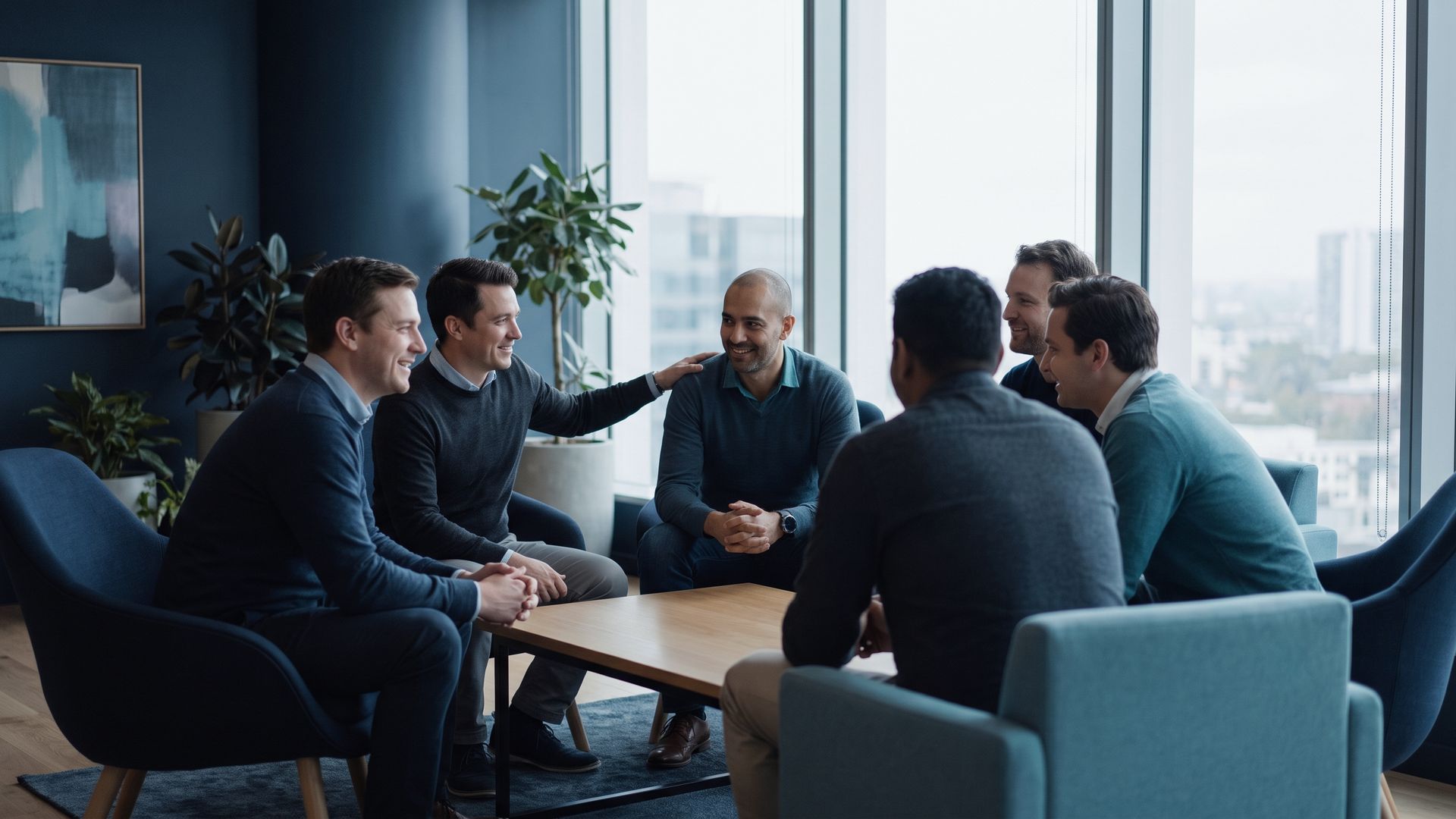 Homens em ambiente corporativo contemporaneo, representando cuidado e saude masculina