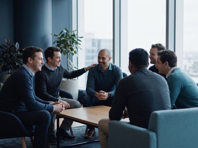 Homens em ambiente corporativo contemporaneo, representando cuidado e saude masculina
