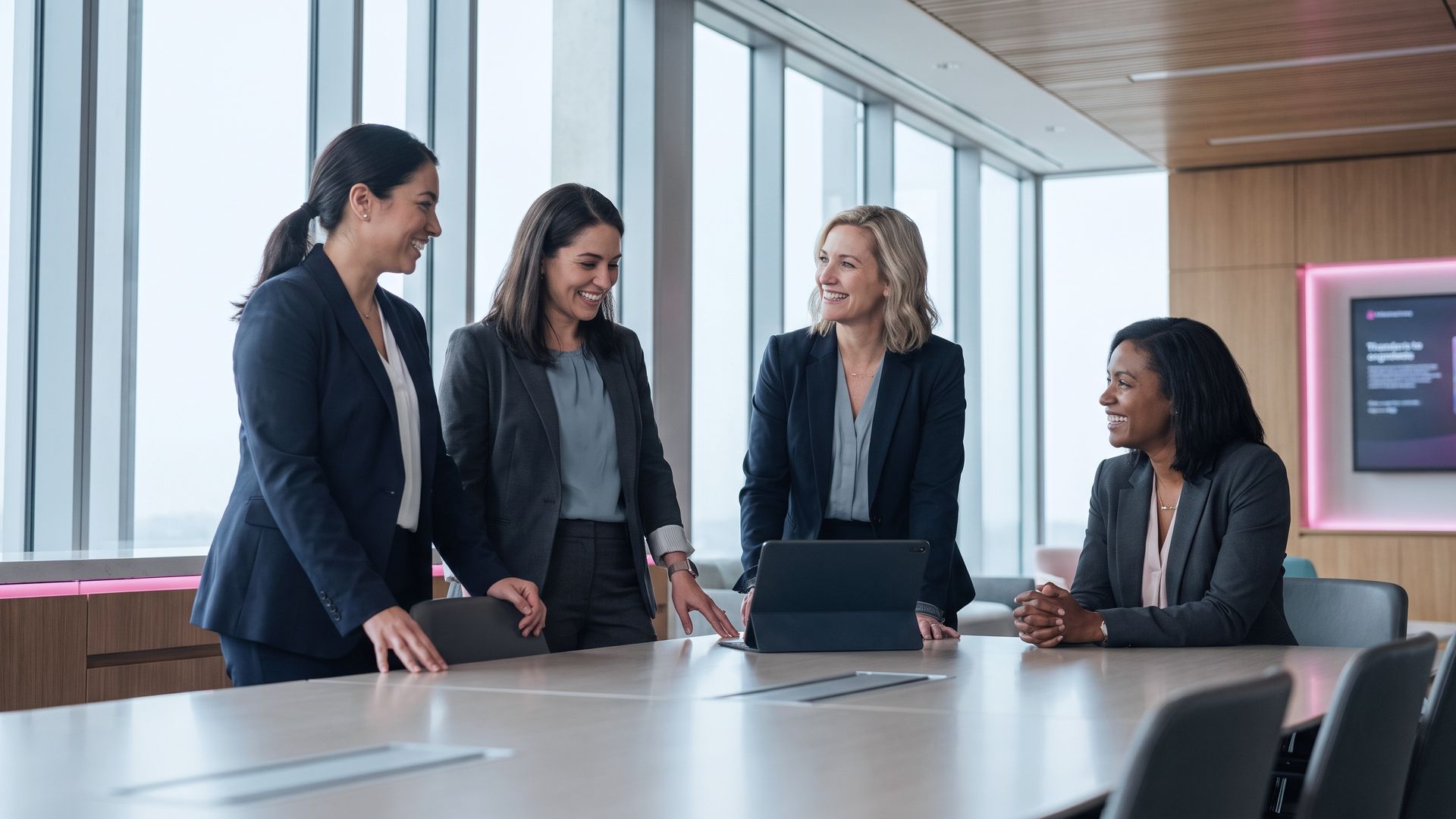 Mulheres profissionais reunidas em ambiente corporativo moderno, representando saude da mulher