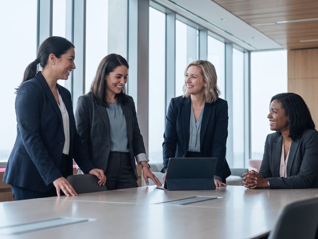 Mulheres profissionais reunidas em ambiente corporativo moderno, representando saude da mulher