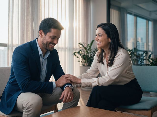 Conversa de apoio e escuta entre dois profissionais em escritorio iluminado, representando acolhimento