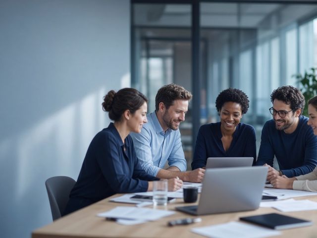 Equipe engajada e positiva colaborando em escritório moderno