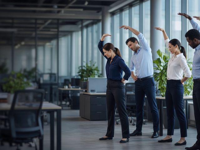 Colaboradores fazendo alongamento guiado no ambiente de trabalho