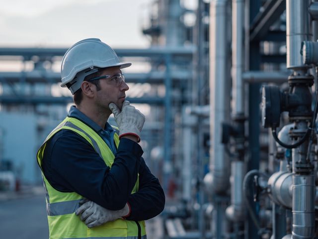 Trabalhador parando para pensar antes de agir em ambiente industrial